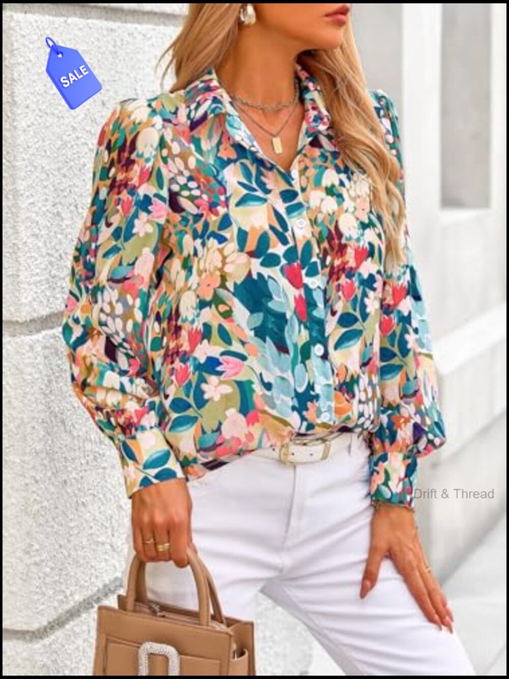 Floral Blouse V-Neck Button Down Lantern Long Sleeve Chiffon Top Boho Shirt - Picture 4 of 7